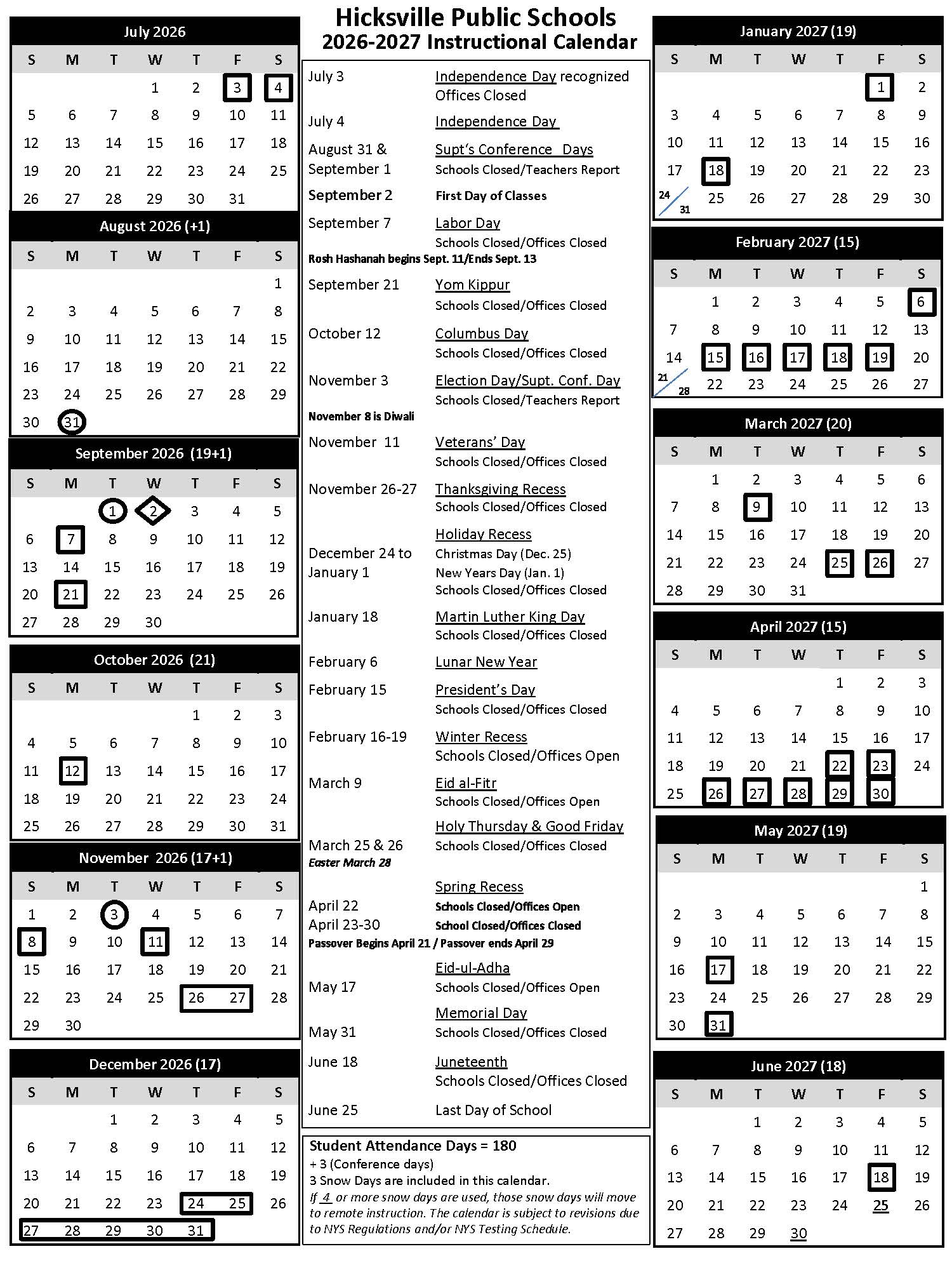 2026-2027 Instructional Calendar